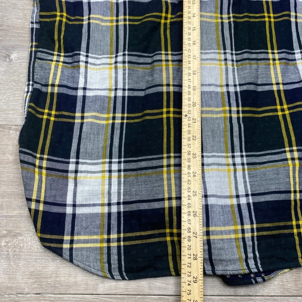 Banana Republic Flannel Shirt Mens L Navy‎ Yellow Good Untucked Slim Fit Plaid
